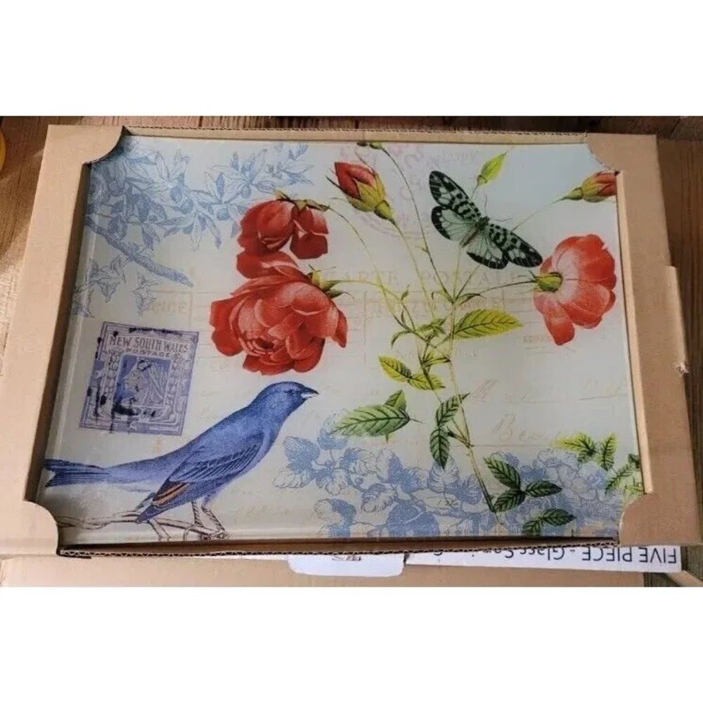 Memories Artisan Glasswork 5 pc. Textured Glass Serving Pieces with Bird/Floral